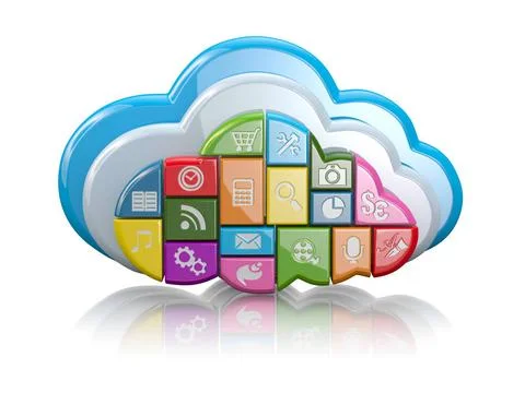 Cloud computing. Clouds as application icons on white background. 3d Cloud... Stock Photos