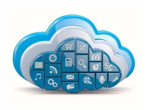 Cloud computing. Clouds as application icons on white background. 3d Cloud... Stock Photos