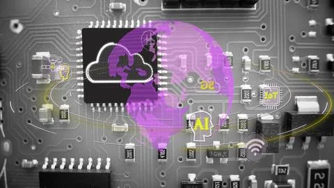 Cloud Computing On Computer Chip With Graphic of Globe And Tech Icons Stock Photos