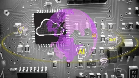 Cloud Computing On Computer Chip With Rotating Globe And Tech Icons. 3D Stock Footage 238455088