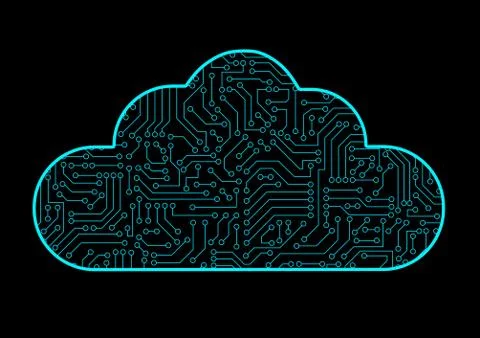 Cloud computing computer technology icon with blue circuit board pattern text イラスト素材