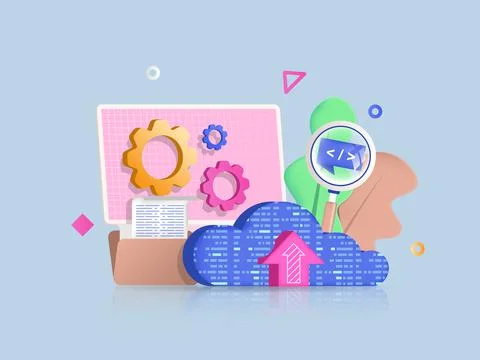 Cloud computing concept 3D illustration. Icon composition with computer screen Stock Illustration