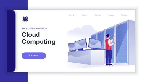 Cloud computing concept 3d isometric web banner with people scene. Man optimizes Stock Illustration