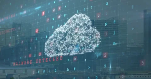 Cloud computing concept animation over cityscape with binary code and numbers Stock Footage 305221682