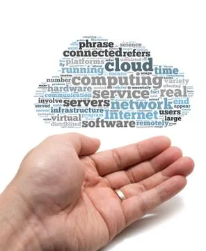 Cloud computing concept with asian hand open under a tag cloud Stock-Fotos