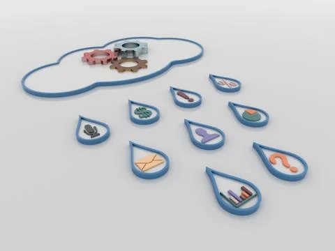 Cloud Computing concept background with rain drops and symbols Stock Illustration