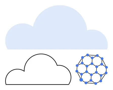 Cloud computing concept with blue and outline clouds alongside a network sphe 库存插图