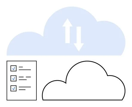 Cloud computing concept with a blue cloud containing up and down arrows, adja 스톡 일러스트