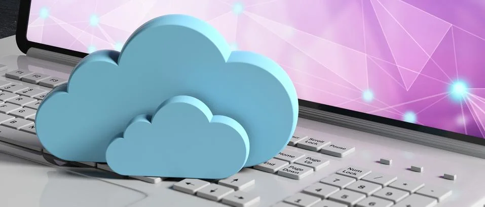 Cloud computing concept, Blue clouds on a computer laptop, banner. 3d illustr Stock Illustration