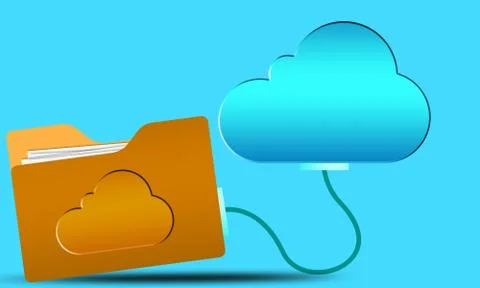 Cloud computing concept with blue internet cloud icon and yellow folder Illustrazione stock