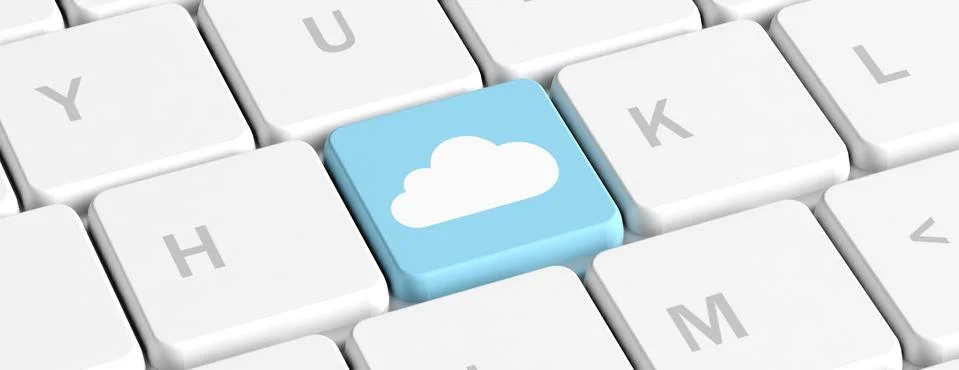 Cloud computing concept. Blue key button with a cloud on a computer keyboard, Stock Illustration