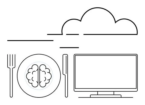 Cloud Computing Concept with Brain Dish and Fork Knife beside Computer Screen 스톡 일러스트