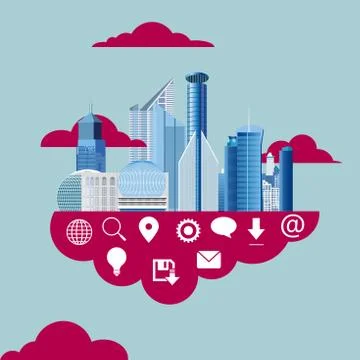 Cloud computing concept, buildings on the clouds. Illustrazione stock