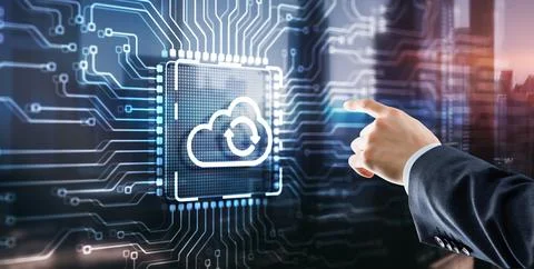 Cloud computing concept. Businessman clicking on virtual screen. Connect to 스톡 사진