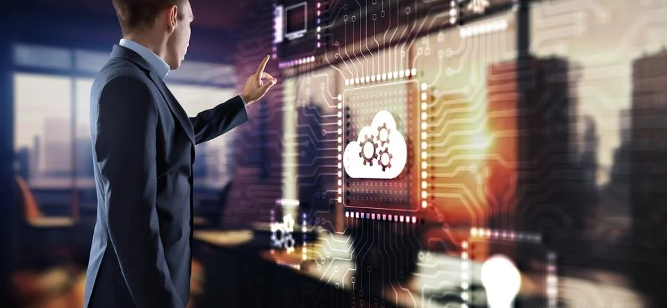 Cloud computing concept. Businessman clicking on virtual screen. Connect to 스톡 사진