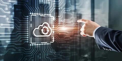 Cloud computing concept. Businessman clicking on virtual screen. Connect to Stock Photos