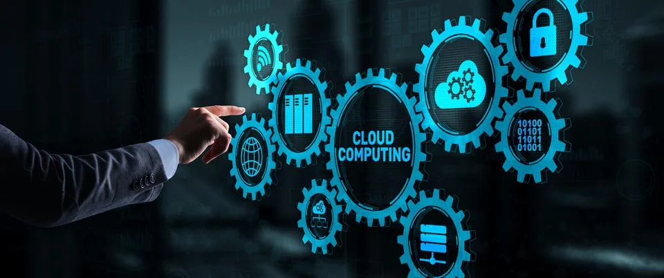 Cloud computing concept. Businessman is pressing on the virtual screen 스톡 사진