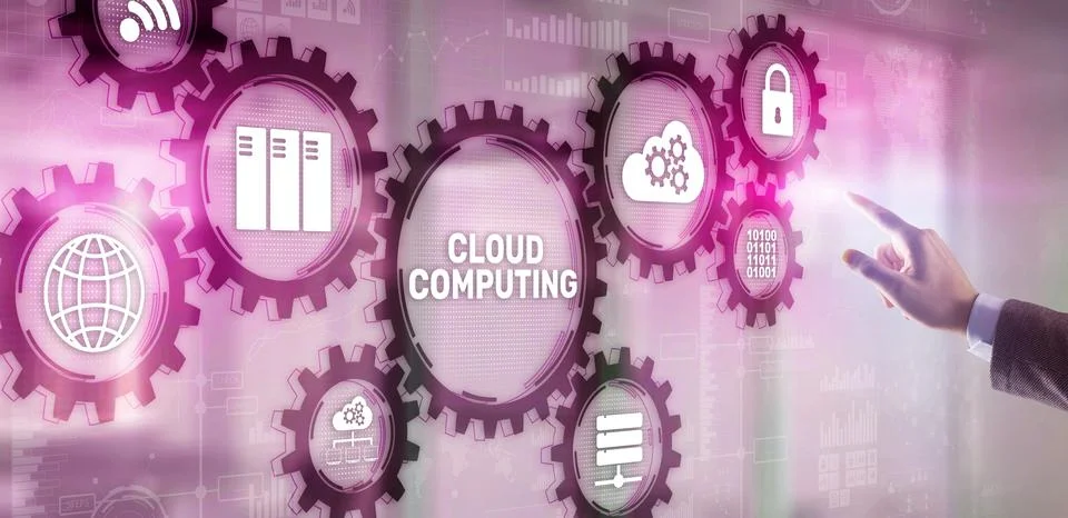 Cloud computing concept. Businessman is pressing on the virtual screen Stockfoto's