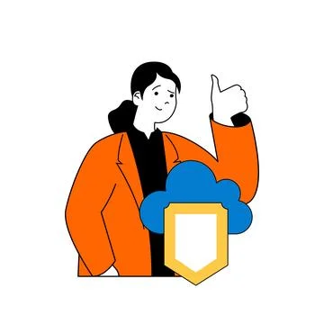Cloud computing concept with cartoon people in flat design for web. Woman usi イラスト素材