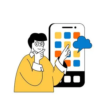 Cloud computing concept with cartoon people in flat design for web. Man using Stock Illustration