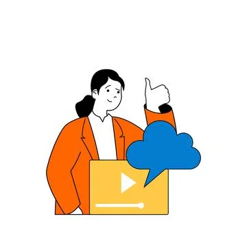 Cloud computing concept with cartoon people in flat design for web. Woman usi Stock Illustration