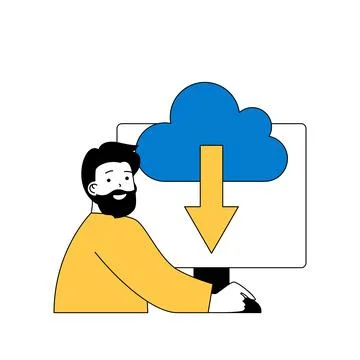 Cloud computing concept with cartoon people in flat design for web. Man downl Stock Illustration