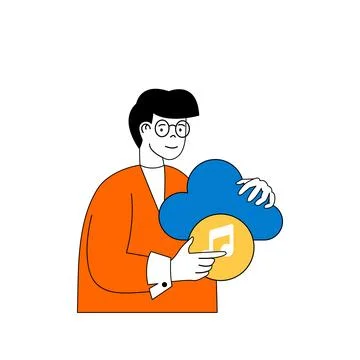 Cloud computing concept with cartoon people in flat design for web. Man using Illustrazione stock