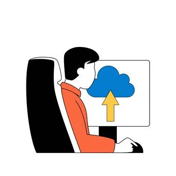 Cloud computing concept with cartoon people in flat design for web. Man uploa 库存插图