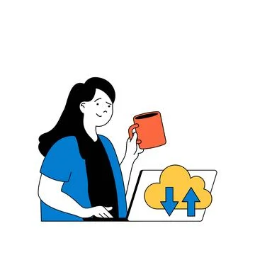 Cloud computing concept with cartoon people in flat design for web. Woman mak Illustrazione stock