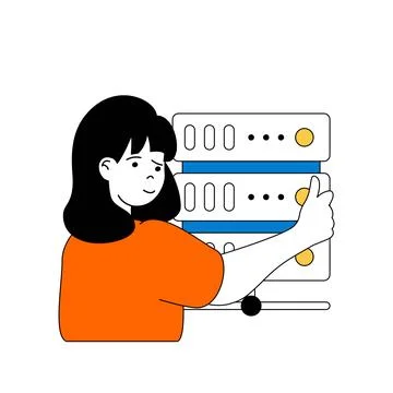 Cloud computing concept with cartoon people in flat design for web. Woman wor Illustrazione stock