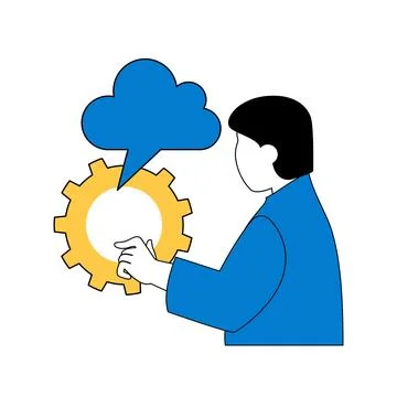 Cloud computing concept with cartoon people in flat design for web. Man using 스톡 일러스트