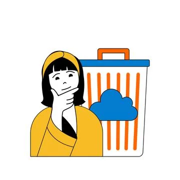 Cloud computing concept with cartoon people in flat design for web. Woman usi Illustrazione stock