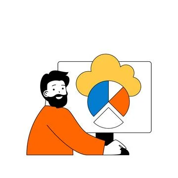Cloud computing concept with cartoon people in flat design for web. Man using Illustrazione stock