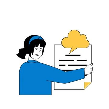 Cloud computing concept with cartoon people in flat design for web. Woman sha イラスト素材
