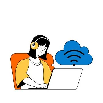 Cloud computing concept with cartoon people in flat design for web. Woman wor Stock Illustration