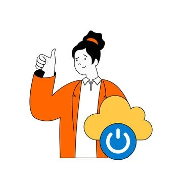 Cloud computing concept with cartoon people in flat design for web. Woman usi Stock Illustration
