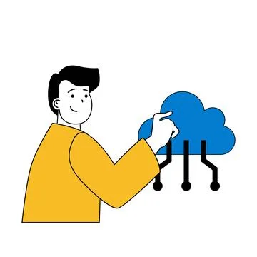 Cloud computing concept with cartoon people in flat design for web. Man using Stock Illustration