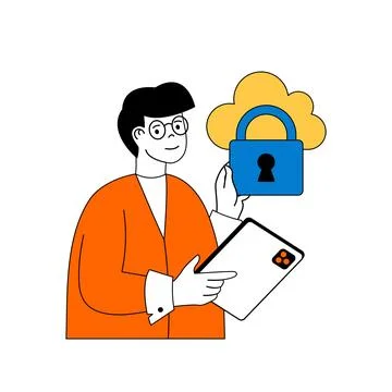 Cloud computing concept with cartoon people in flat design for web. Man using Stock Illustration