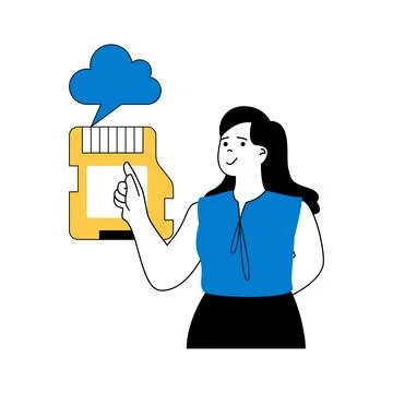 Cloud computing concept with cartoon people in flat design for web. Woman usi 스톡 일러스트