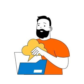 Cloud computing concept with cartoon people in flat design for web. Man worki Stock Illustration