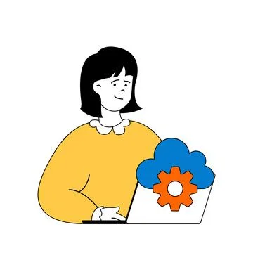 Cloud computing concept with cartoon people in flat design for web. Woman wor イラスト素材