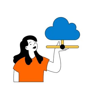 Cloud computing concept with cartoon people in flat design for web. Woman usi Stock Illustration