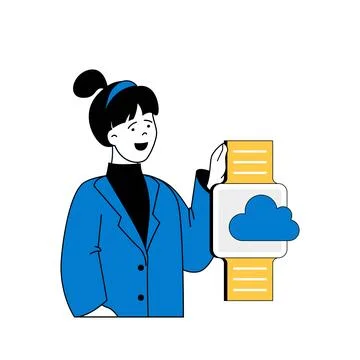 Cloud computing concept with cartoon people in flat design for web. Woman wor Stock Illustration