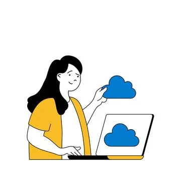 Cloud computing concept with cartoon people in flat design for web. Woman mak Stock Illustration