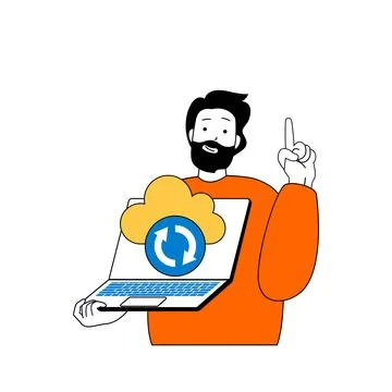 Cloud computing concept with cartoon people in flat design for web. Man makin Illustrazione stock