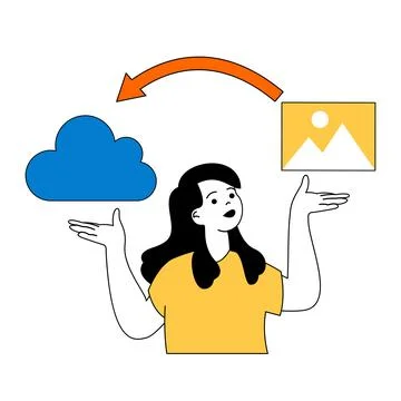 Cloud computing concept with cartoon people in flat design for web. Woman mak Illustrazione stock