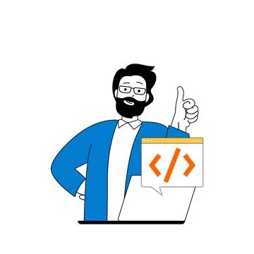 Cloud computing concept with cartoon people in flat design for web. Man worki Stock Illustration