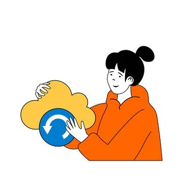 Cloud computing concept with cartoon people in flat design for web. Woman mak Illustrazione stock