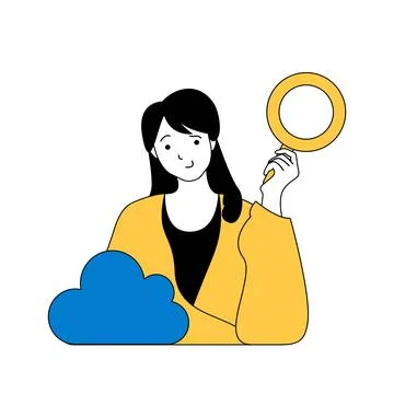 Cloud computing concept with cartoon people in flat design for web. Woman wit 스톡 일러스트