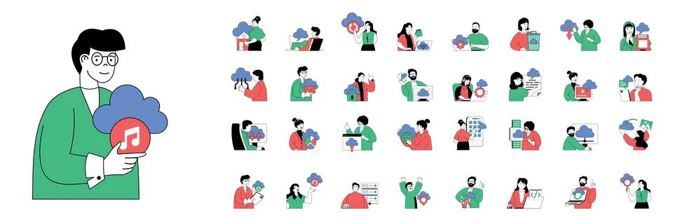 Cloud computing concept with character situations mega set in flat web design Stock Illustration